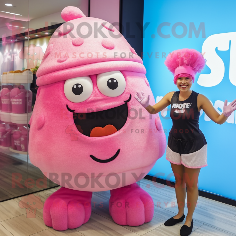 Pink Cupcake mascot costume character dressed with a One-Piece Swimsuit and Berets Pink Cupcake mascot costume character dressed with a One-Piece Swimsuit and Berets