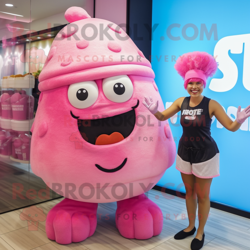 Pink Cupcake mascot costume character dressed with a One-Piece Swimsuit and Berets