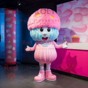 Pink Cupcake mascot costume character dressed with a One-Piece Swimsuit and Berets