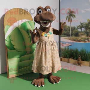 Brown Crocodile mascot costume character dressed with a Maxi Dress and Foot pads