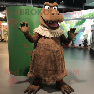 Brown Crocodile mascot costume character dressed with a Maxi Dress and Foot pads