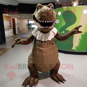 Brown Crocodile mascot costume character dressed with a Maxi Dress and Foot pads