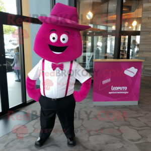 Magenta Candy mascot costume character dressed with a Henley Shirt and Pocket squares