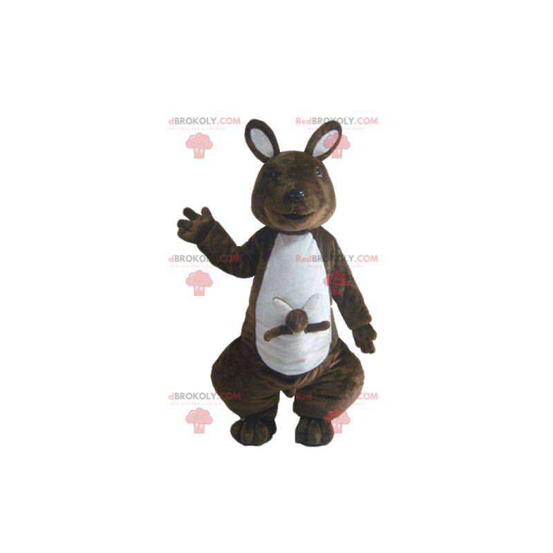 Brun og hvid kænguru-maskot med sin baby - Redbrokoly.com
