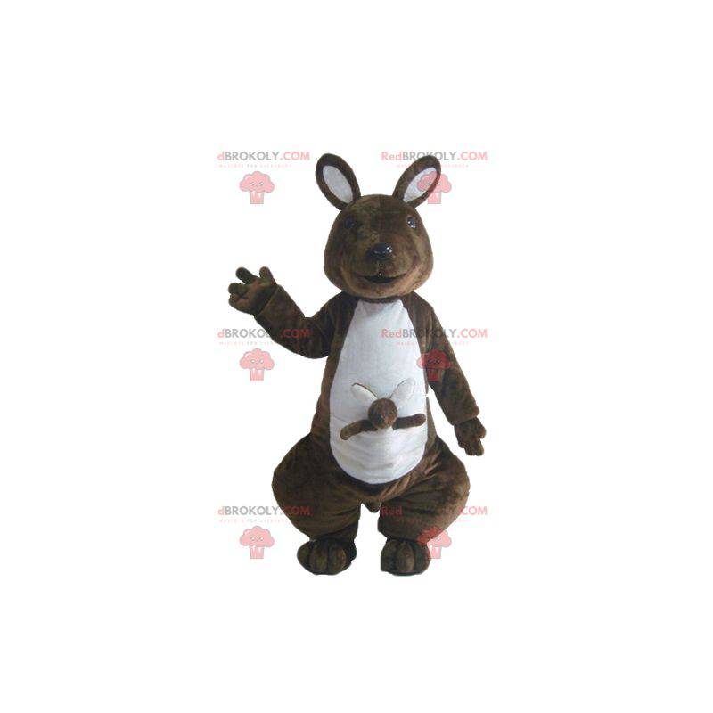 Mascote canguru marrom e branco com seu bebê - Redbrokoly.com