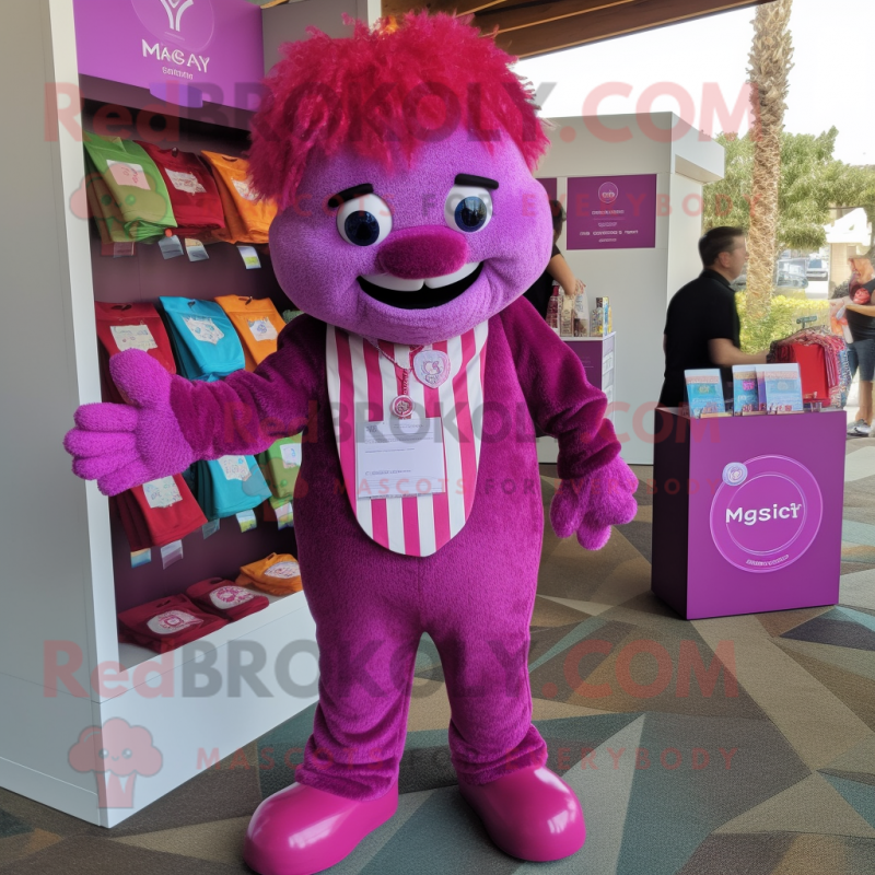 Magenta Candy mascot costume character dressed with a Henley Shirt and Pocket squares