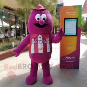 Magenta Candy mascot costume character dressed with a Henley Shirt and Pocket squares