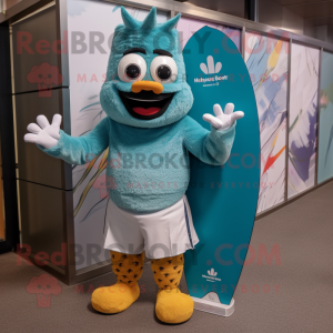 Teal Pineapple mascot costume character dressed with a Board Shorts and Watches