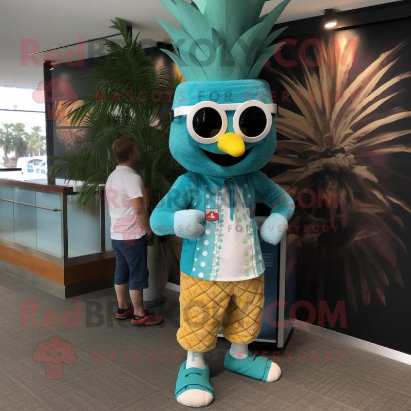 Teal Pineapple mascot costume character dressed with a Board Shorts and Watches