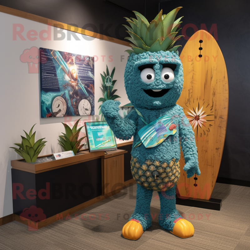 Teal Pineapple mascot costume character dressed with a Board Shorts and Watches