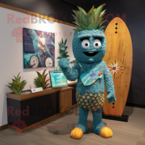 Teal Pineapple mascot costume character dressed with a Board Shorts and Watches