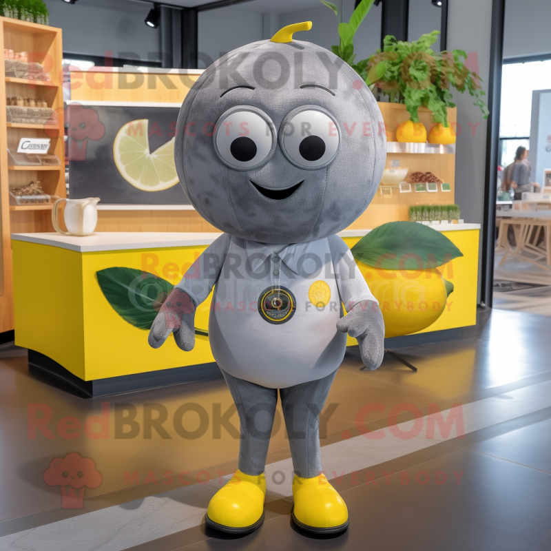 Gray Lemon mascot costume character dressed with a T-Shirt and Earrings Gray Lemon mascot costume character dressed with a T-Shirt and Earrings