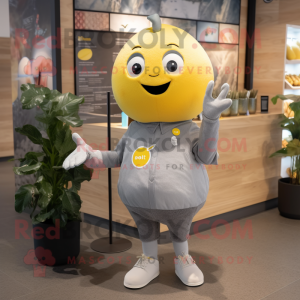 Gray Lemon mascot costume character dressed with a T-Shirt and Earrings