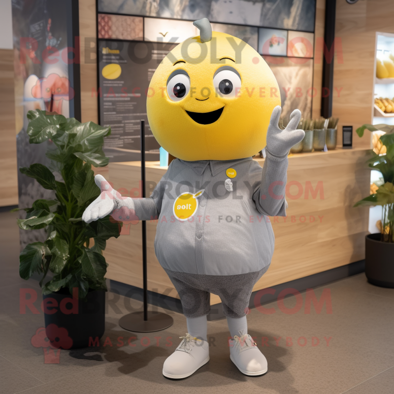 Gray Lemon mascot costume character dressed with a T-Shirt and Earrings Gray Lemon mascot costume character dressed with a T-Shirt and Earrings