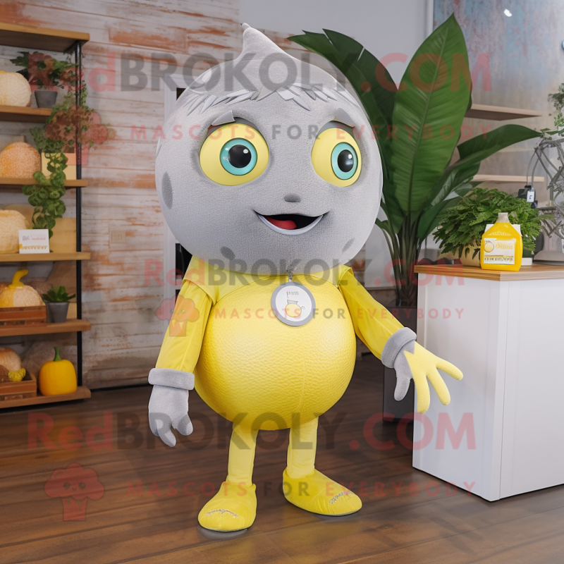 Gray Lemon mascot costume character dressed with a T-Shirt and Earrings