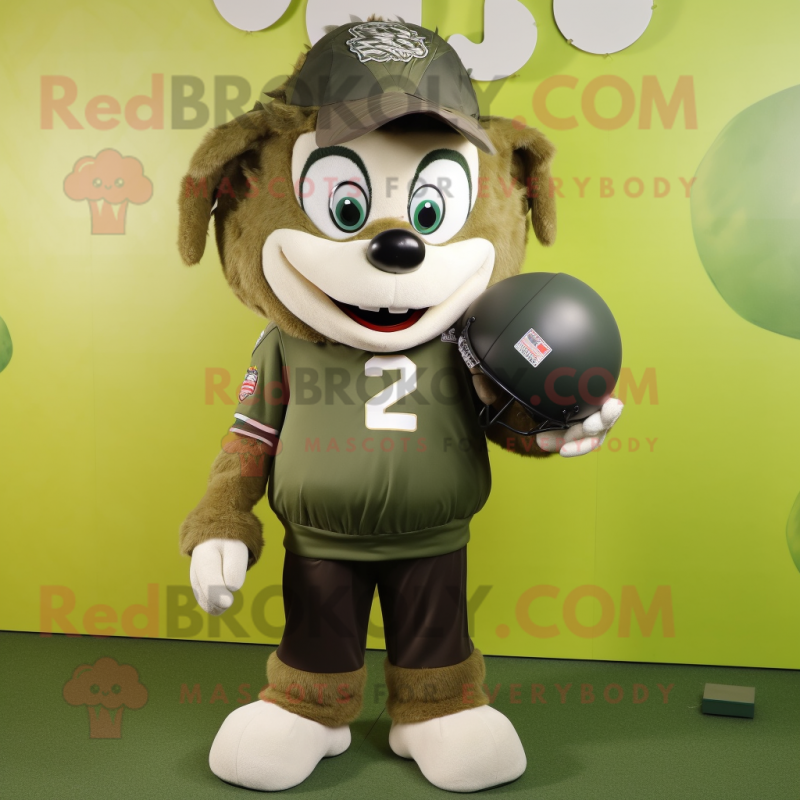 Olive American Football Helmet mascot costume character dressed with a Windbreaker and Hairpins Olive American Football Helmet mascot costume character dressed with a Windbreaker and Hairpins