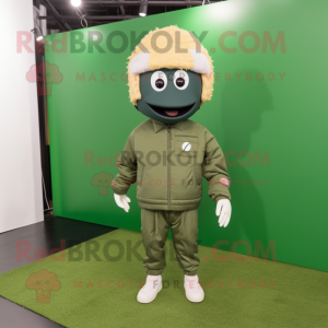 Olive American Football Helmet mascot costume character dressed with a Windbreaker and Hairpins