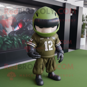 Olive American Football Helmet mascot costume character dressed with a Windbreaker and Hairpins