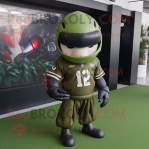 Olive American Football Helmet mascot costume character dressed with a Windbreaker and Hairpins