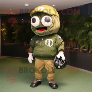 Olive American Football Helmet mascot costume character dressed with a Windbreaker and Hairpins