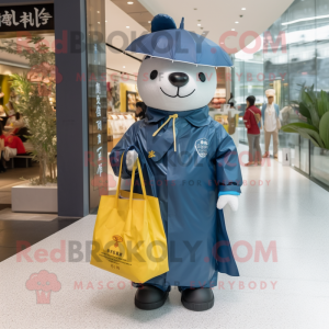 Navy Dim Sum mascot costume character dressed with a Raincoat and Tote bags