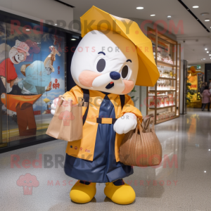 Navy Dim Sum mascot costume character dressed with a Raincoat and Tote bags