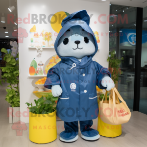Navy Dim Sum mascot costume character dressed with a Raincoat and Tote bags
