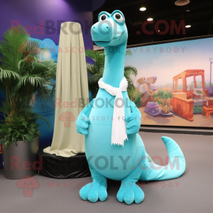 Cyan Brachiosaurus mascot costume character dressed with a Dress Shirt and Scarves
