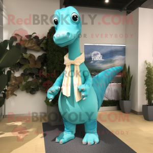 Cyan Brachiosaurus mascot costume character dressed with a Dress Shirt and Scarves