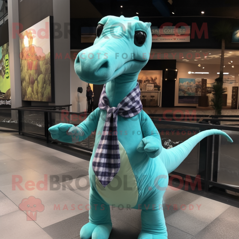 Cyan Brachiosaurus mascot costume character dressed with a Dress Shirt and Scarves