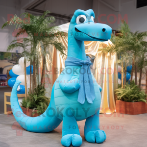 Cyan Brachiosaurus mascot costume character dressed with a Dress Shirt and Scarves