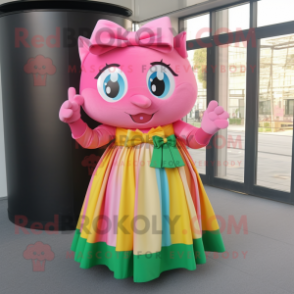 Pink Pot Of Gold mascot costume character dressed with a Maxi Skirt and Bow ties