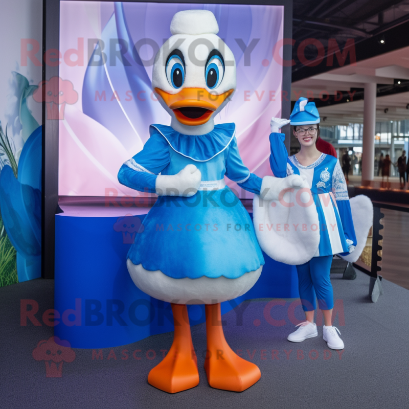 Blue Swan mascot costume character dressed with a Mini Skirt and Caps