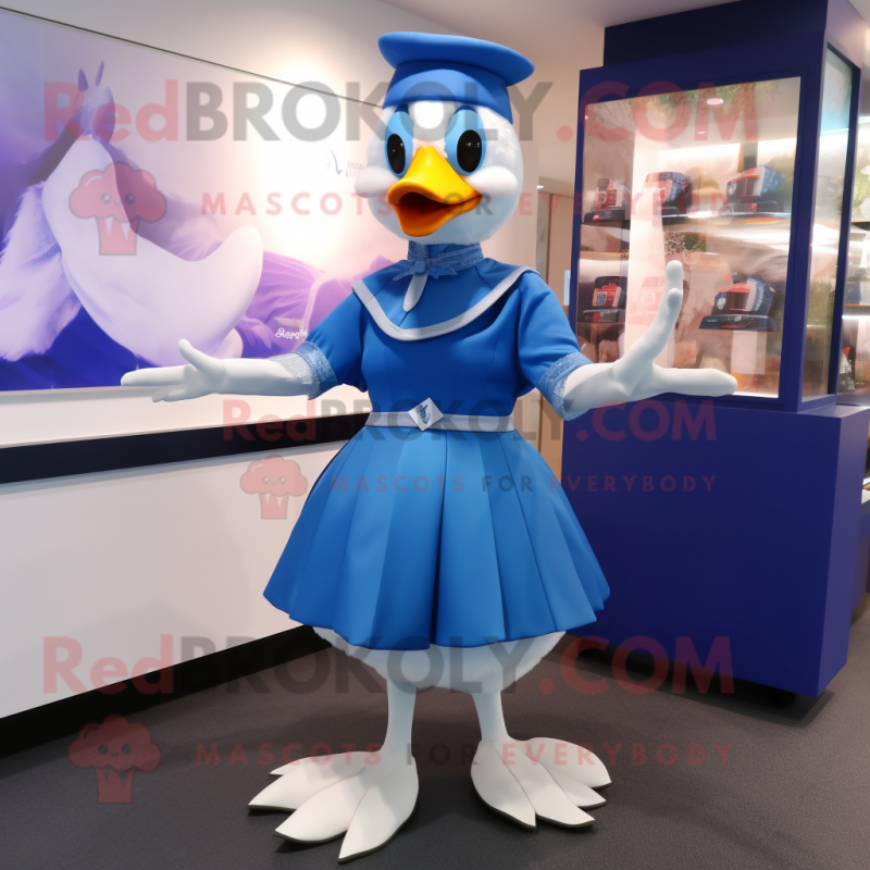 Blue Swan mascot costume character dressed with a Mini Skirt and Caps