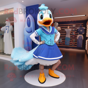 Blue Swan mascot costume character dressed with a Mini Skirt and Caps