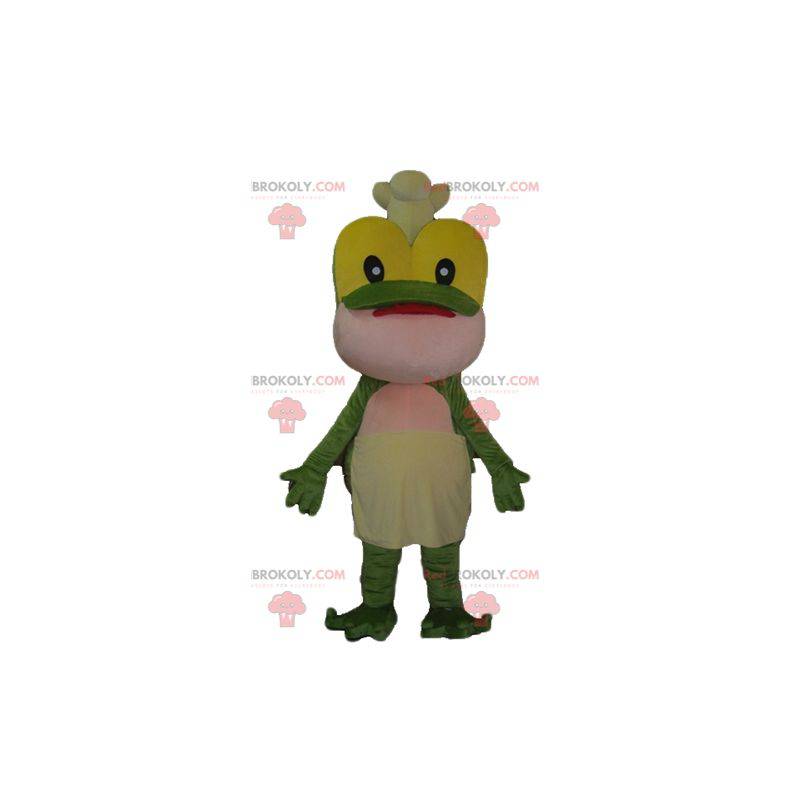 Mascote sapo verde amarelo e rosa com chapéu de chef -