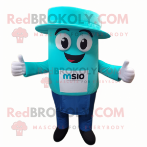 Turquoise Miso Soup mascot costume character dressed with a Trousers and Suspenders