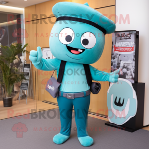 Turquoise Miso Soup mascot costume character dressed with a Trousers and Suspenders