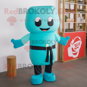 Turquoise Miso Soup mascot costume character dressed with a Trousers and Suspenders