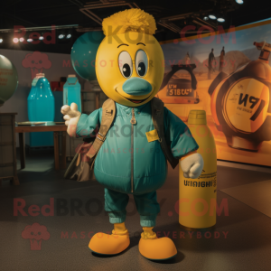 Teal Bottle Of Mustard mascot costume character dressed with a Bomber Jacket and Handbags