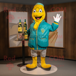 Teal Bottle Of Mustard mascot costume character dressed with a Bomber Jacket and Handbags
