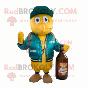 Teal Bottle Of Mustard mascot costume character dressed with a Bomber Jacket and Handbags