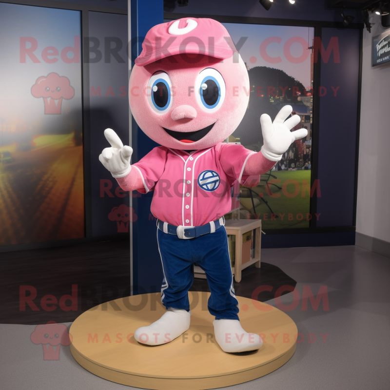 Pink Baseball Ball mascot costume character dressed with a Jeans and Earrings Pink Baseball Ball mascot costume character dressed with a Jeans and Earrings