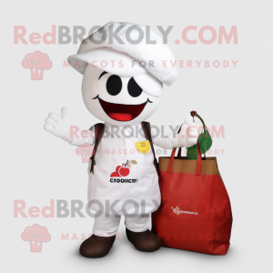 White Cherry mascot costume character dressed with a Vest and Tote bags