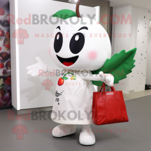 White Cherry mascot costume character dressed with a Vest and Tote bags