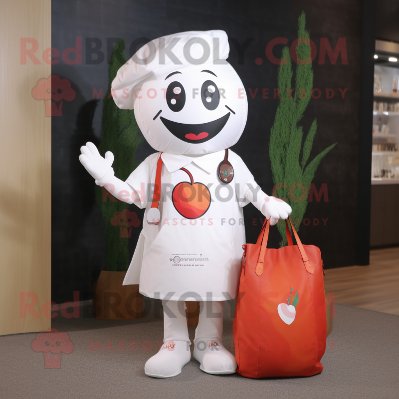 White Cherry mascot costume character dressed with a Vest and Tote bags