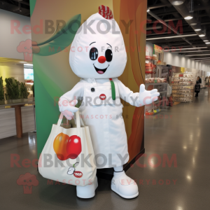 White Cherry mascot costume character dressed with a Vest and Tote bags