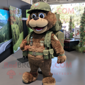 Brown Green Beret mascot costume character dressed with a Romper and Backpacks