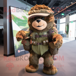 Brown Green Beret mascot costume character dressed with a Romper and Backpacks