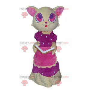 Yellow and pink cat mascot with a beautiful pink dress -